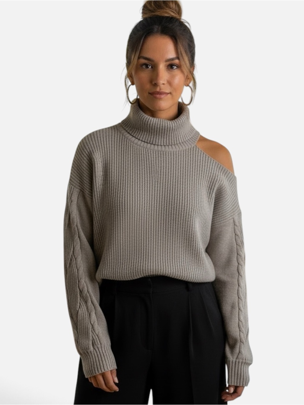 Like New - Elan Tan Turtleneck Cold-Shoulder Cable Long Sleeve Sweater, sz Med
